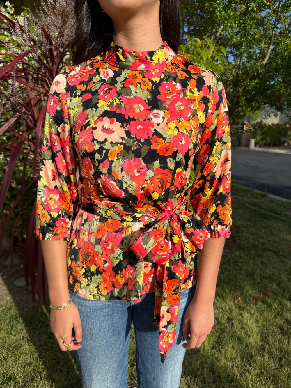 ZARA Floral Mock Neck Waist Tie Blouse Romantic Cottagecore Top size XS